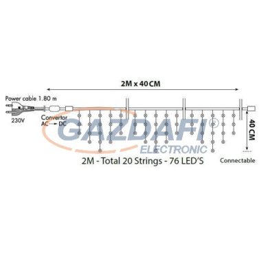 TRONIX 005-008 LED-es jégcsap fényfüggöny, 2 m, 76 LED, fekete kábel, meleg fehér fény, IP44