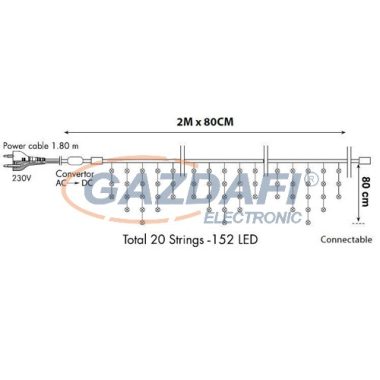 TRONIX 005-028 LED-es jégcsap fényfüggöny, 2 m, 152 LED, fekete kábel, meleg fehér fény, IP44