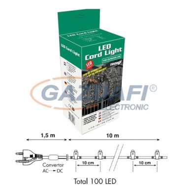 TRONIX 015-028 LED-es fényfüzér, zöld kábel, 10m, meleg fehér fény, IP44