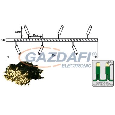 TRONIX 025-068 LED-es fényfüzér fák megvilágítására, zöld kábel, 63m, meleg fehér csillogó fény, IP44