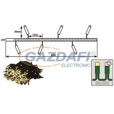 TRONIX 025-069 LED-es fényfüzér fák megvilágítására, zöld kábel, 63m, meleg fehér fény megcsillanó hideggel, IP44