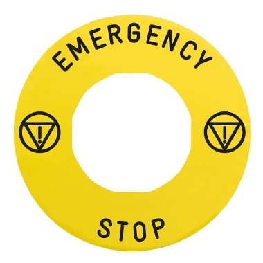 SCHNEIDER ZBY9330T Harmony sárga köralakú felirati tábla, Ø60, vészleállítóhoz, ZBZ3605 védőgallérhoz, logóval, EMERGENCY STOP