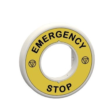 SCHNEIDER ZBY9W2G330 Harmony világító felirati körgyűrű vészleállítóhoz, piros, 120VAC, vészleállító logóval, "EMERGENCY STOP"